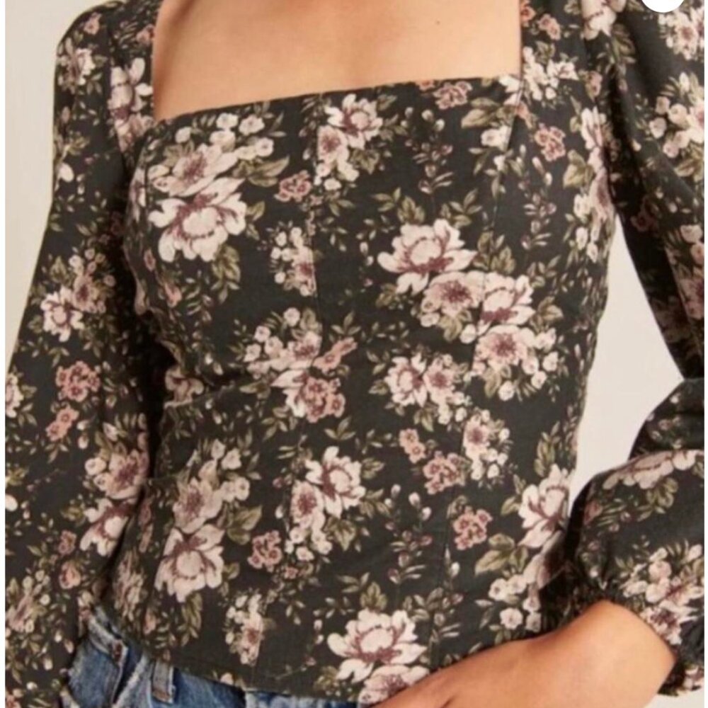 Abercrombie & Fitch Black Floral Puff Sleeve Peasant Blouse